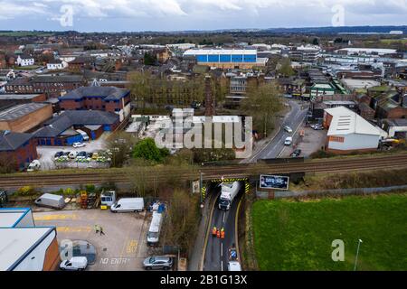 A lorry crashes into a railway bridge on the busy anchor road, a lorry stuck under a bridge, Stoke on Trent, HGV lorry crash, large haulage accident Stock Photo