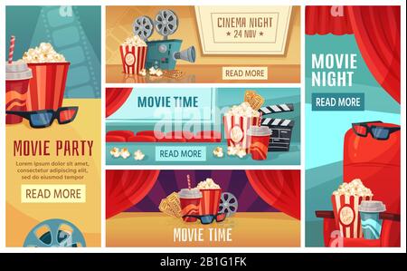 Cartoon cinema banner. Movie night tickets, cinemas popcorn and 3d film projector banners vector illustration set Stock Vector