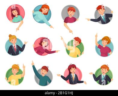 People pointing out window holes. Look out of round hole, successful professional business man indicates cartoon vector illustration Stock Vector
