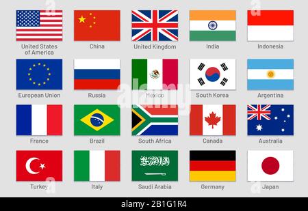 G20 countries flags. Major world advanced and emerging economies states, official Group of Twenty flag labels vector set Stock Vector