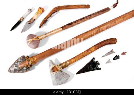 Stone Age Tools on white Background - Panoramic View Stock Photo