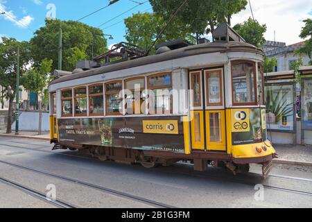 Lisbon, Portugal - June 02 2018: Old fashion cable car in the streets of Lisbon. Stock Photo
