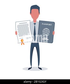 Businessman or clerk. Male character in trendy simple style with objects, flat vector illustration. Stock Vector