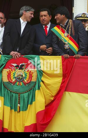 On January 22, 2006, Evo Morales was sworn in as President of Bolivia. Hugo Chavez attended the celebration. Stock Photo