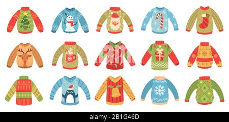 Cartoon christmas ugly sweaters. Xmas holidays party jumper, knitted winter sweater with Santa and Xmas tree isolated vector set Stock Vector
