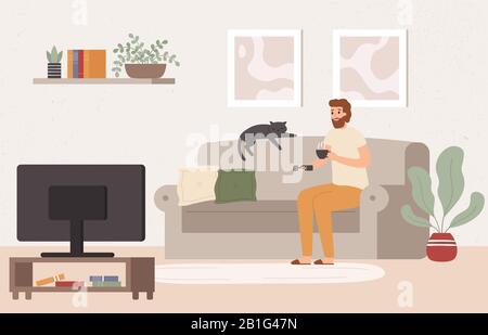 Young man watch TV. Drinking tea and watching televison show, spending weekend on sofa vector illustration Stock Vector