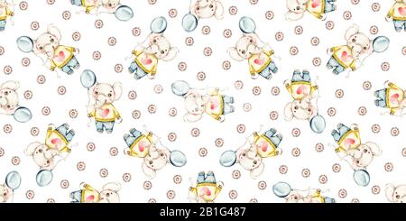 Cute Baby boy elephant watercolor nursery seamless pattern in cartoon style on white background. Safari jungle Watercolour Stock Photo