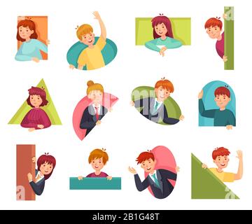 People peeking out. Man looking out, woman searching something and curiosity cartoon vector illustration set Stock Vector