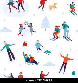 Winter holiday activities seamless pattern. Happy people walking outdoor, december holidays and winters snow fun vector illustration Stock Vector