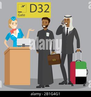 Cartoon Arab businessmen with suitcase and bag on departures,gate number and cabin crew at the airport.Vector illustration. Stock Vector