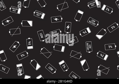 Seamless pattern with white Battery Indicator Icons on black, funny texture background,vector illustration Stock Vector