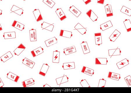 Seamless pattern with Red Battery Indicator Icons, funny texture background,vector illustration Stock Vector