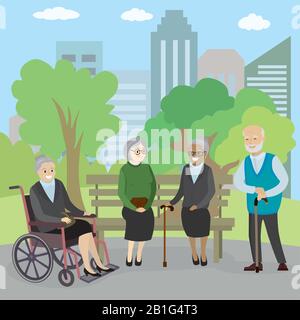 Old people in park,Grandmother in wheelchair,old ladies are sitting on the bench and grandfather stands beside,  cartoon vector illustration Stock Vector