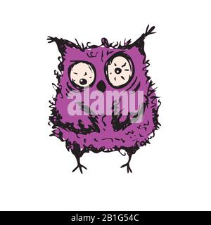 Cute crazy owl,hand drawn mascot,animal character,isolated on white background,stock vector illustration Stock Vector