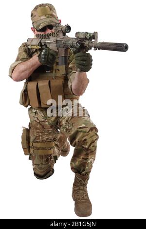 special force operator with carbine M4 isolated on white Stock Photo