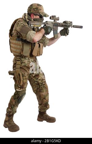 special force operator with carbine M4 isolated on white Stock Photo