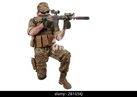 special force operator with carbine M4 isolated on white Stock Photo