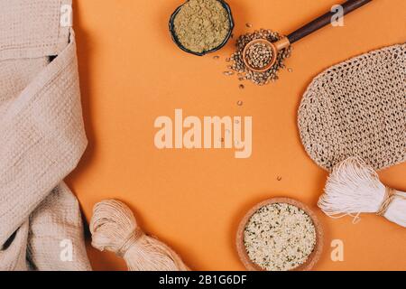 Different types of uses for hemp. Textile fiber industry. Zero waste living concept. Stock Photo