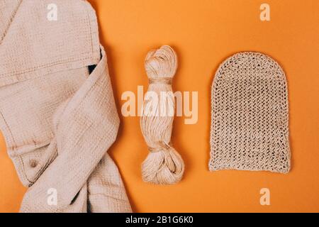 Different types of uses for hemp. Textile fiber industry. Zero waste living concept. Stock Photo