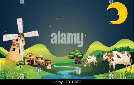cows are grazing on riverside for village Stock Vector