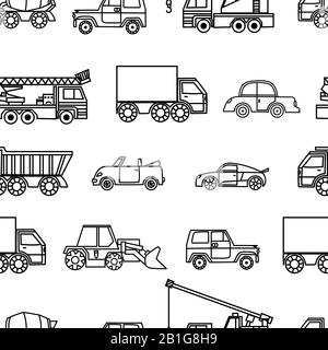 car seamless pattern, black and white cartoon background, coloring book, monochrome drawing. Black and white cars on a white background. For the desig Stock Vector