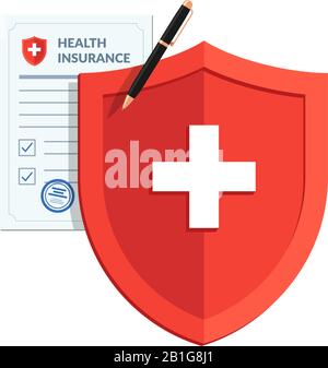 Medical healthcare insurance concept. Red shield on patient protection policy and pen. Vector medicine flat symbol illustration Stock Vector