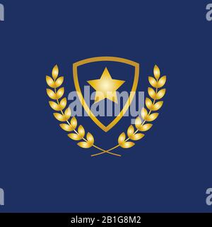 Gold Shield with laurel and star for logo design template in navy blue Background Stock Vector