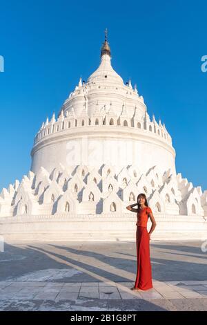 Beautiful young Burmese woman at Hsinbyume Pagoda, Mingun, Mandalay Region, Myanmar Stock Photo