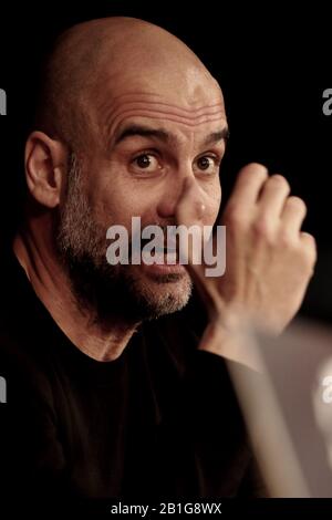 Madrid, Spain. 25th Feb, 2020. Madrid, Spain; 25/02/2020.- Pep Guardiola Manchester City coach at press conference before Soccer match leg Champions League vs Real Madrid at Santiago Bernabeu stadium tomorrow 26/02/2020 in Madrid.Credit: Juan Carlos Rojas/Picture Alliance | usage worldwide/dpa/Alamy Live News Stock Photo