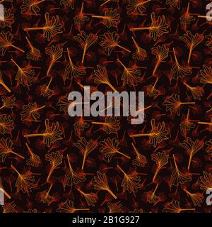Floral seamless pattern with leaves flowers isolated on dark background. Vector outline illustration. Chinese, japanese background. Stock Vector