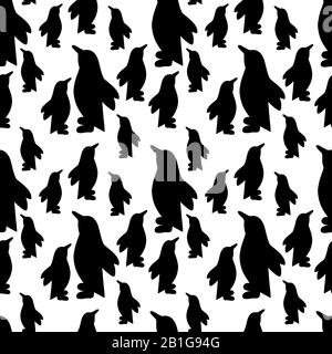 Seamless pattern with Penguin in Zen style isolated on white background. Vector silhouette illustration.Simple polar animals. Stock Vector