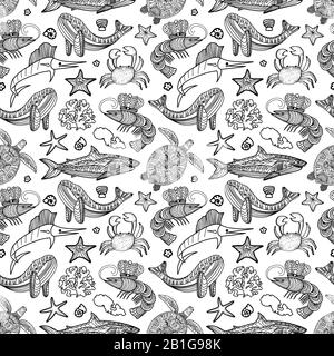 Seamless pattern with ocean animals and seaweed in doodle style isolated on white background. Vector outline illustration. Stock Vector