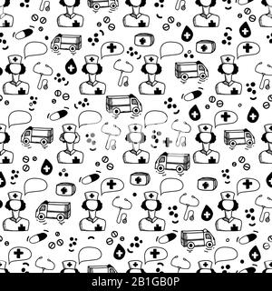 Medical seamless pattern. Children's freehand doodle pattern on the theme of health, healthy lifestyle, medicine, pediatrics. Vector outline Stock Vector