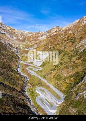 Aerial view of the Tremola San Gottardo road, the longest road monument in Switzerland listed in the inventory of the historic Swiss roads. Stock Photo