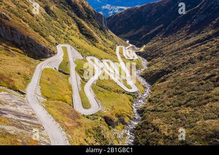 Aerial view of the Tremola San Gottardo road, the longest road monument in Switzerland listed in the inventory of the historic Swiss roads. Stock Photo