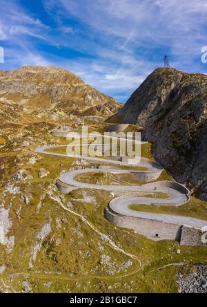 Aerial view of the Tremola San Gottardo road, the longest road monument in Switzerland listed in the inventory of the historic Swiss roads. Stock Photo