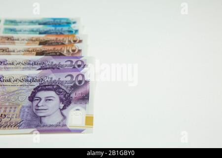 New 20 pound Turner sterling plastic polymer banknote. Bank of England currency UK,  British money notes with copy space. Stock Photo