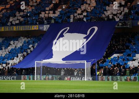 Stamford Bridge, London, UK. 25th Feb, 2020. UEFA Champions League Football, Chelsea versus Bayern Munich; Chelsea fans hold up a giant Champions League Trophy banner Credit: Action Plus Sports/Alamy Live News Stock Photo