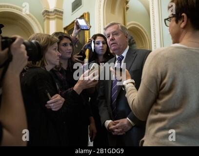 Washington, United States. 25th Feb, 2020. Sen. Lindsey Graham, R-SC, speaks to reporters before the party luncheon on Capitol Hill in Washington, DC on Tuesday, February 25, 2020. Credit: UPI/Alamy Live News Stock Photo