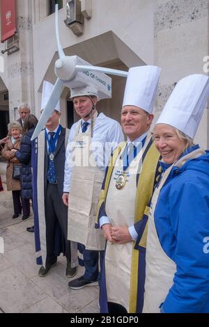 London, UK. 25th February 2020. Water Conservators. The City of London's Livery companies take part in the Inter-Livery pancake races in Guildhall Yard, a tradition begun by the Worshipful Company of Poulterers in 2005 supporting the Lord Mayor's Charity. Poulterers supply eggs for the pancakes, Clockmakers time the races, Gunmakers fire a starting gun and Fruiterers provide the lemons. As well as competitions for Masters and members of the companies there is also a fancy dress class, with some interesting contributions reflecting the livery companies and the charity. Peter Marshall/Alamy Live Stock Photo