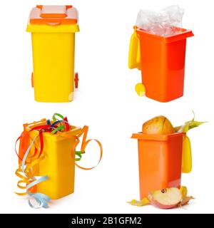 Multicolored Garbage Trash Bins, Recycling Bin, Garbage Bin waste isolated on white background Stock Photo