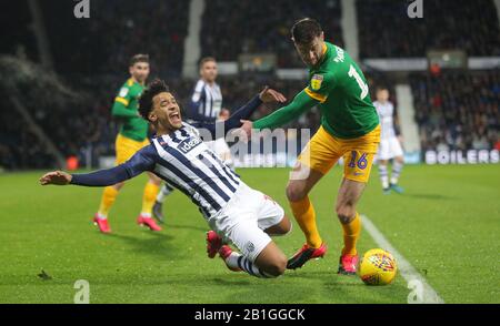 West Bromwich Albion's Matheus Pereira is challenged by Preston North End's Andrew Hughes during the Sky Bet Championship match at The Hawthorns, West Bromwich. Stock Photo