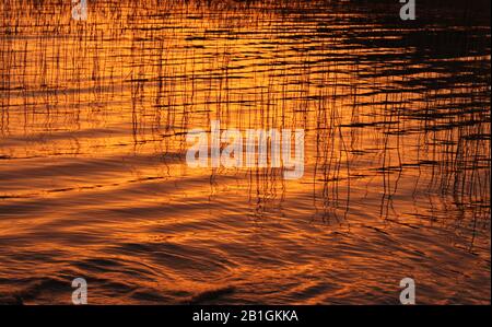 Fiery winter sky at sunrise reflected on Lough Gill Stock Photo