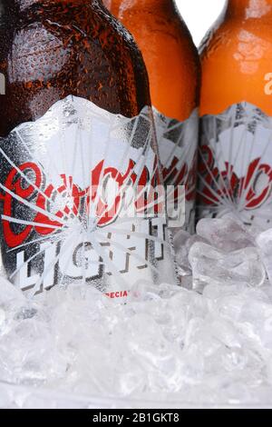 IRVINE, CA - MAY 30, 2014: Closeup of Coors Light bottles in ice. Coors operates a brewery in Golden, Colorado, that is the largest single brewery fac Stock Photo