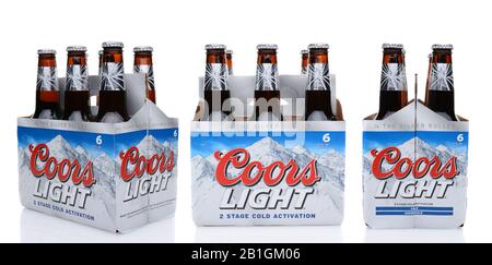 IRVINE, CA - MAY 25, 2014: Three 6 packs of Coors Light Beer end view, side view and 3/4 view. Stock Photo