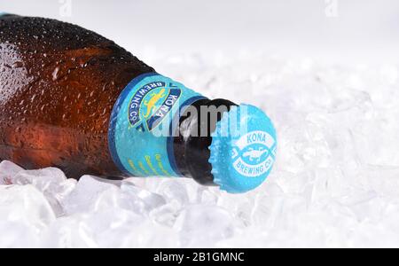 IRVINE, CALIFORNIA - MARCH 16, 2017: Kona Brewing Company Big Wave Golden Ale. The brewery is located in Kailua-Kona on the Big Island of Hawaii. Stock Photo