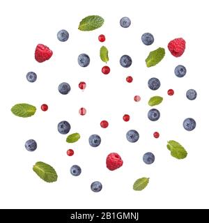 Mix of different berries isolated on white background. Stock Photo