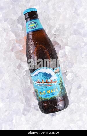 IRVINE, CALIFORNIA - MARCH 16, 2017: Kona Brewing Company Big Wave Golden Ale. The brewery is located in Kailua-Kona on the Big Island of Hawaii. Stock Photo