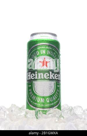 IRVINE, CALIFORNIA - MARCH 21, 2018: Heineken beer king can in ice. Heineken is known for its signature green bottles and cans with a red star. Stock Photo