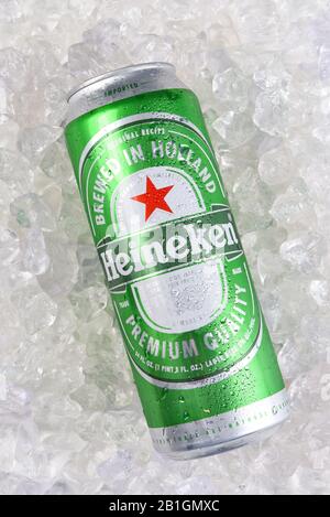IRVINE, CALIFORNIA - MARCH 21, 2018: Heineken beer king can on ice. Heineken is known for its signature green bottles and cans with a red star. Stock Photo